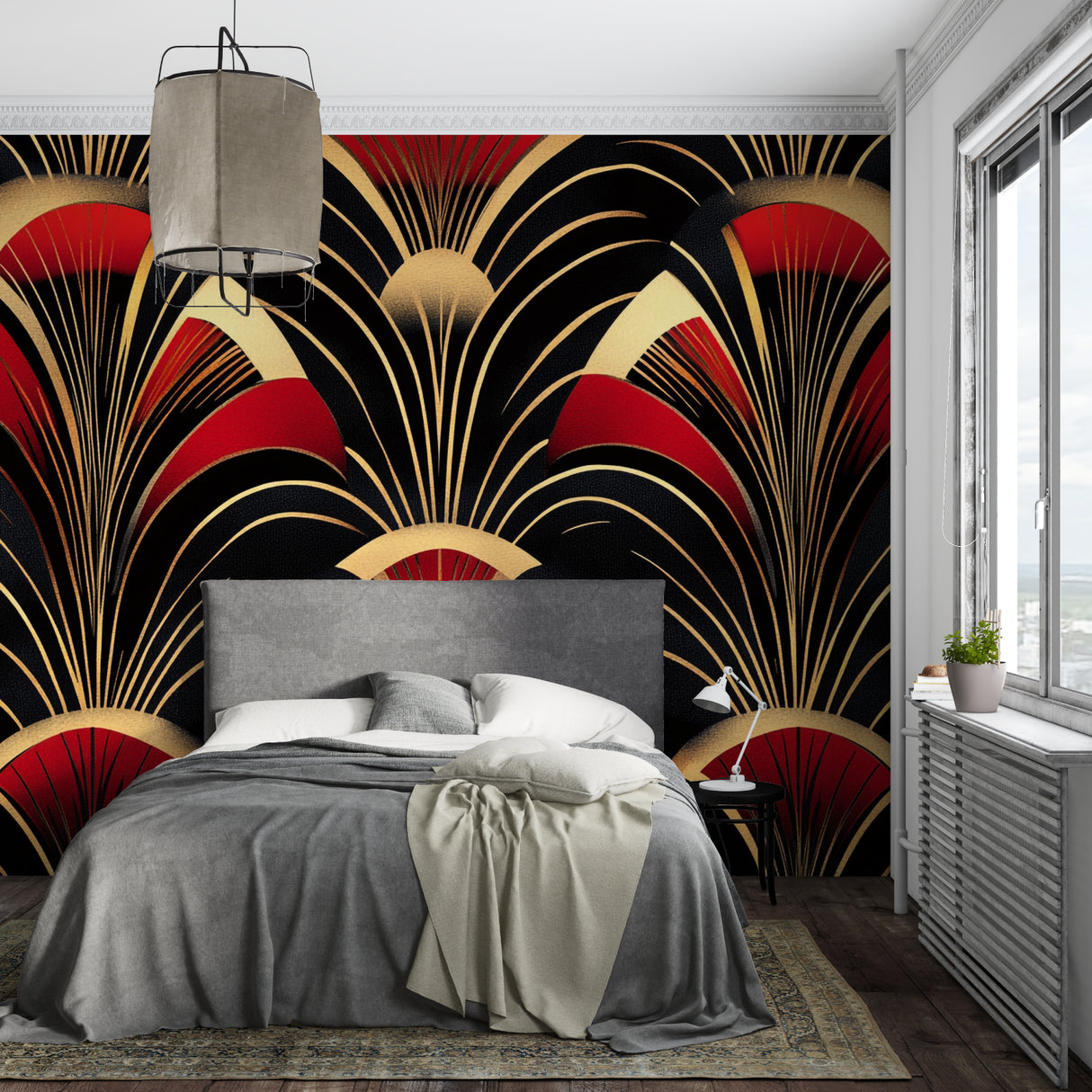 Modern home bar featuring black and gold Art Deco wallpaper with striking fan motif