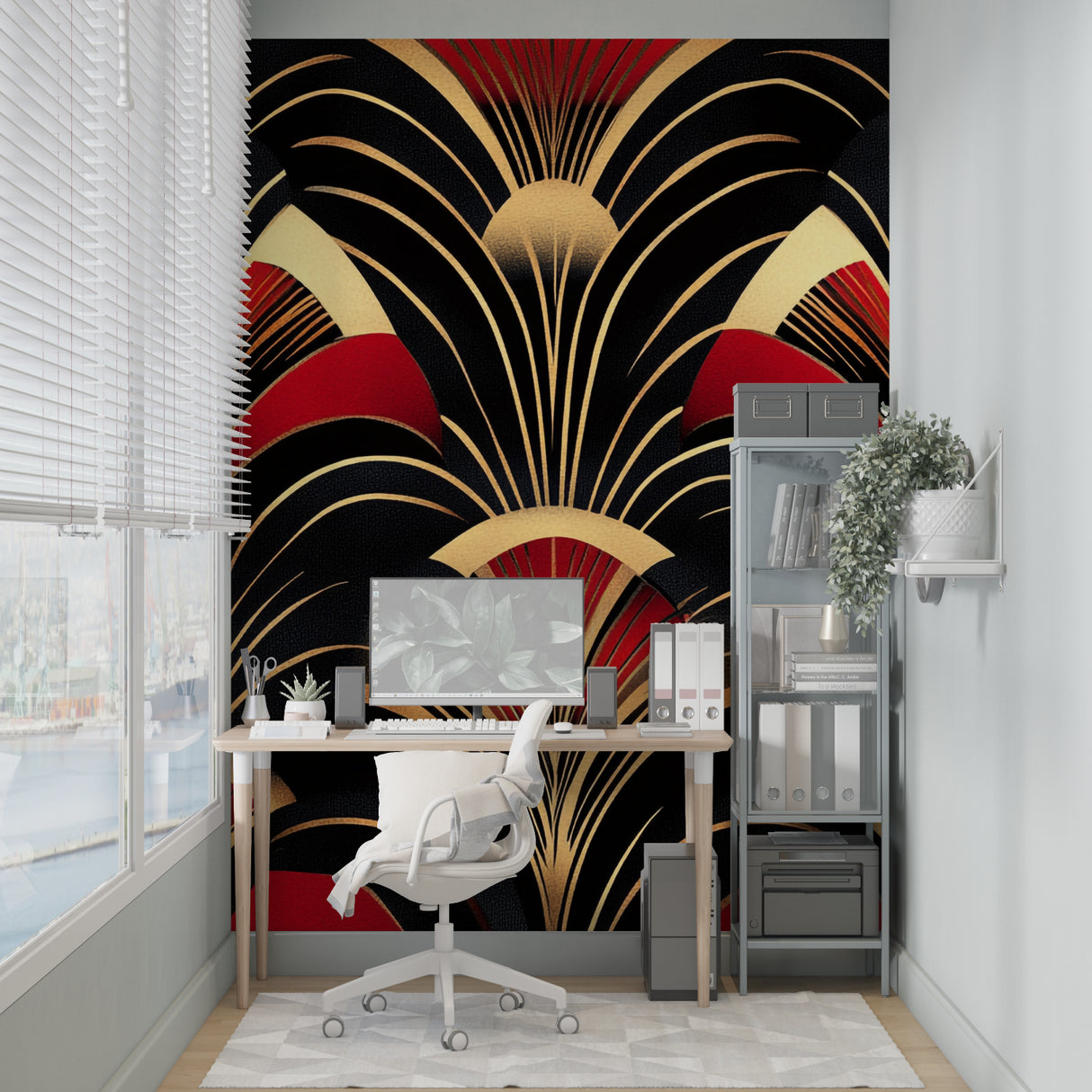 Art Deco fan wallpaper in master bedroom, showing rich red and gold geometric pattern