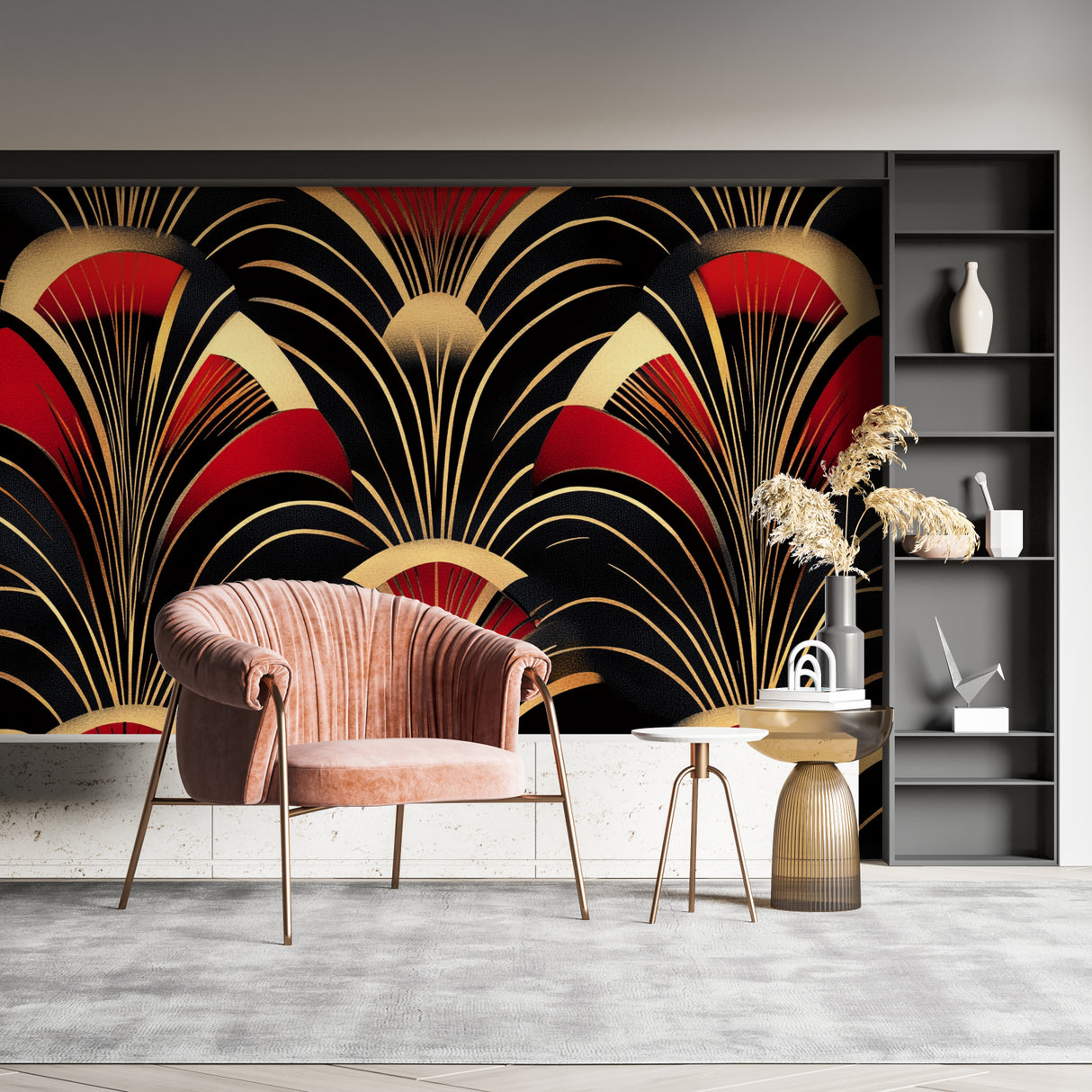 Restaurant entrance with dramatic Art Deco fan pattern wallpaper in black, red and gold
