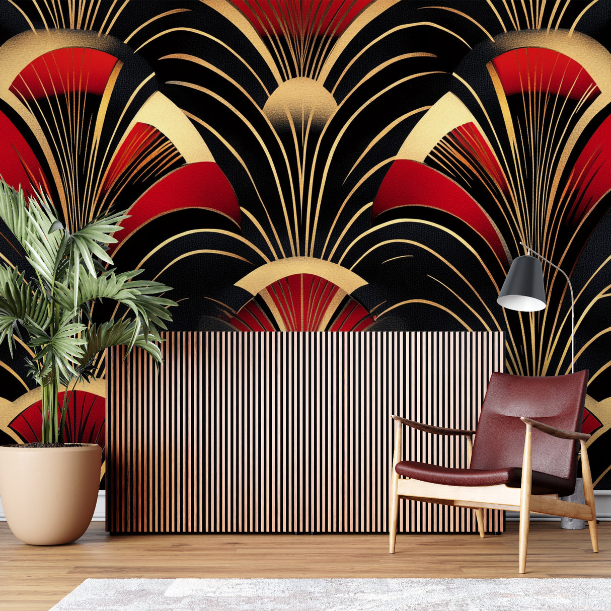 Hotel lobby showcase of geometric Art Deco wallpaper with fan design