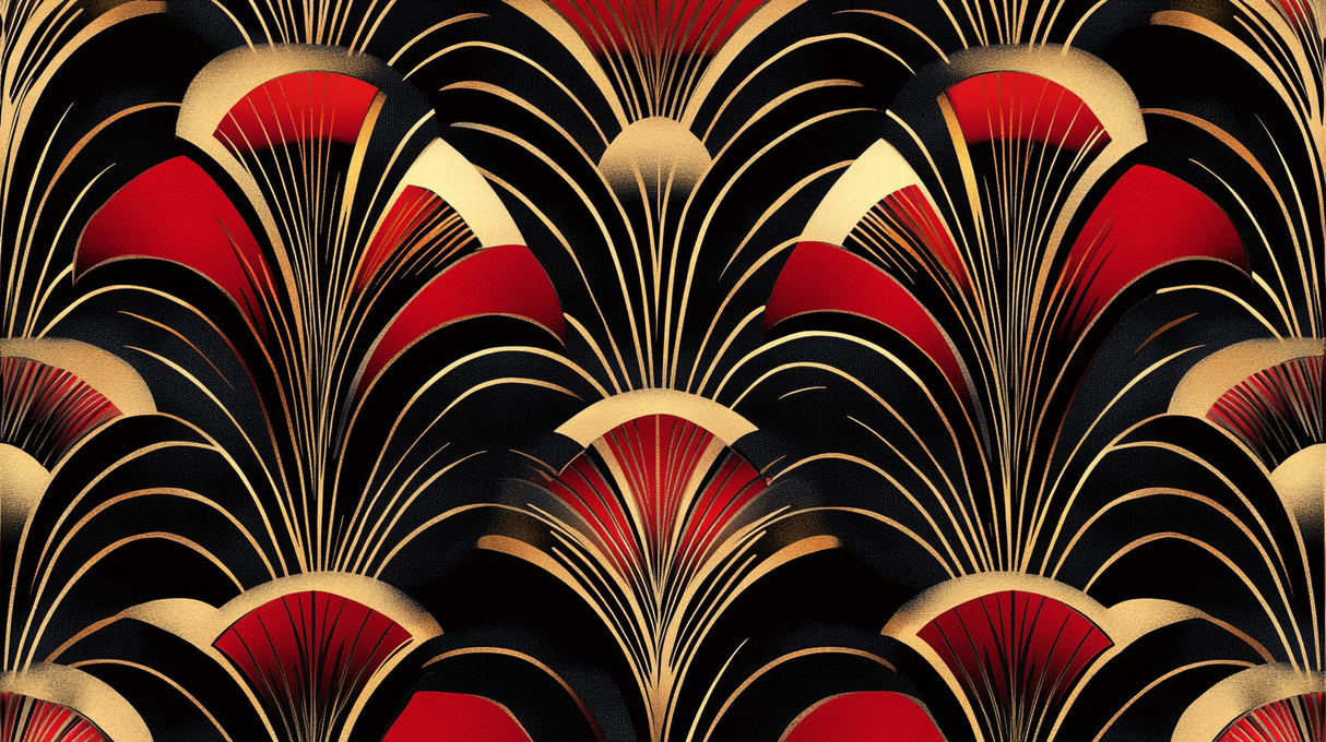 Art Deco fan pattern design file showing intricate geometric details in red, gold and black