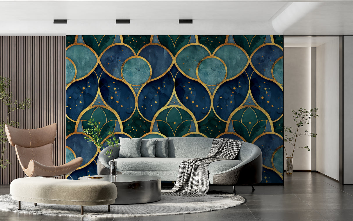 Blue and gold geometric wallpaper creating luxury atmosphere in master bedroom
