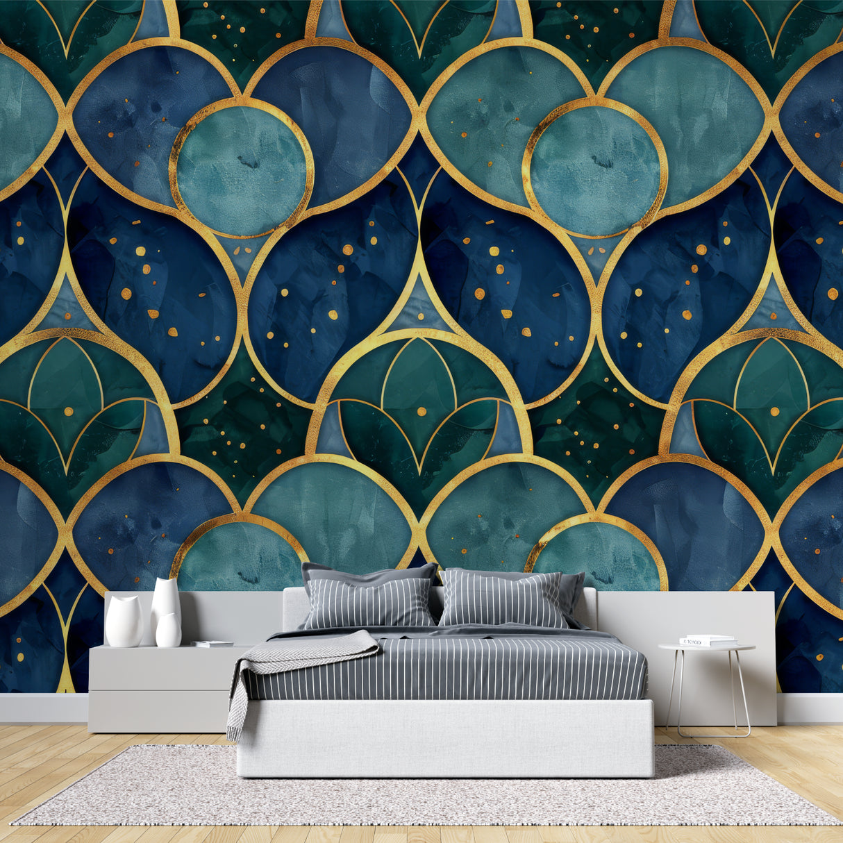 Geometric blue gold wallpaper in home office with brass details