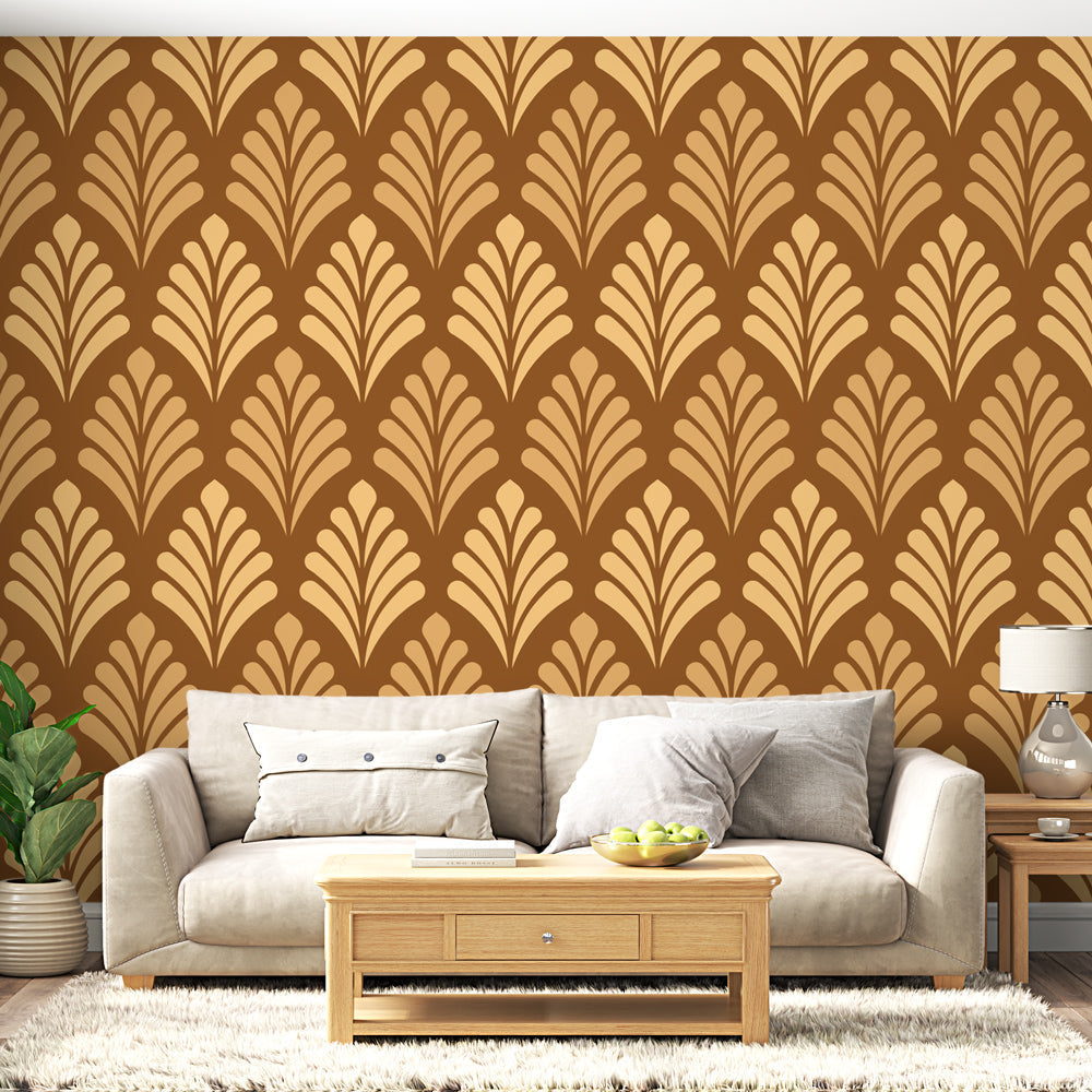 Art Deco fan pattern wallpaper in brown and gold creating drama in a modern dining room with pendant lighting