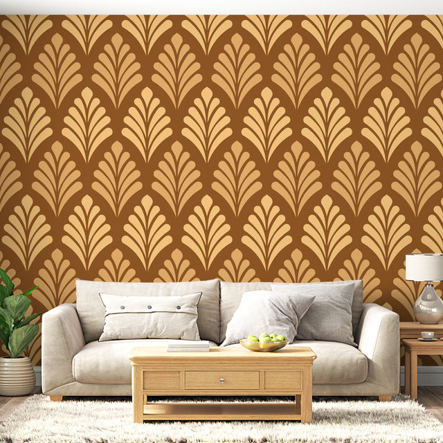 Art Deco fan pattern wallpaper in brown and gold creating drama in a modern dining room with pendant lighting