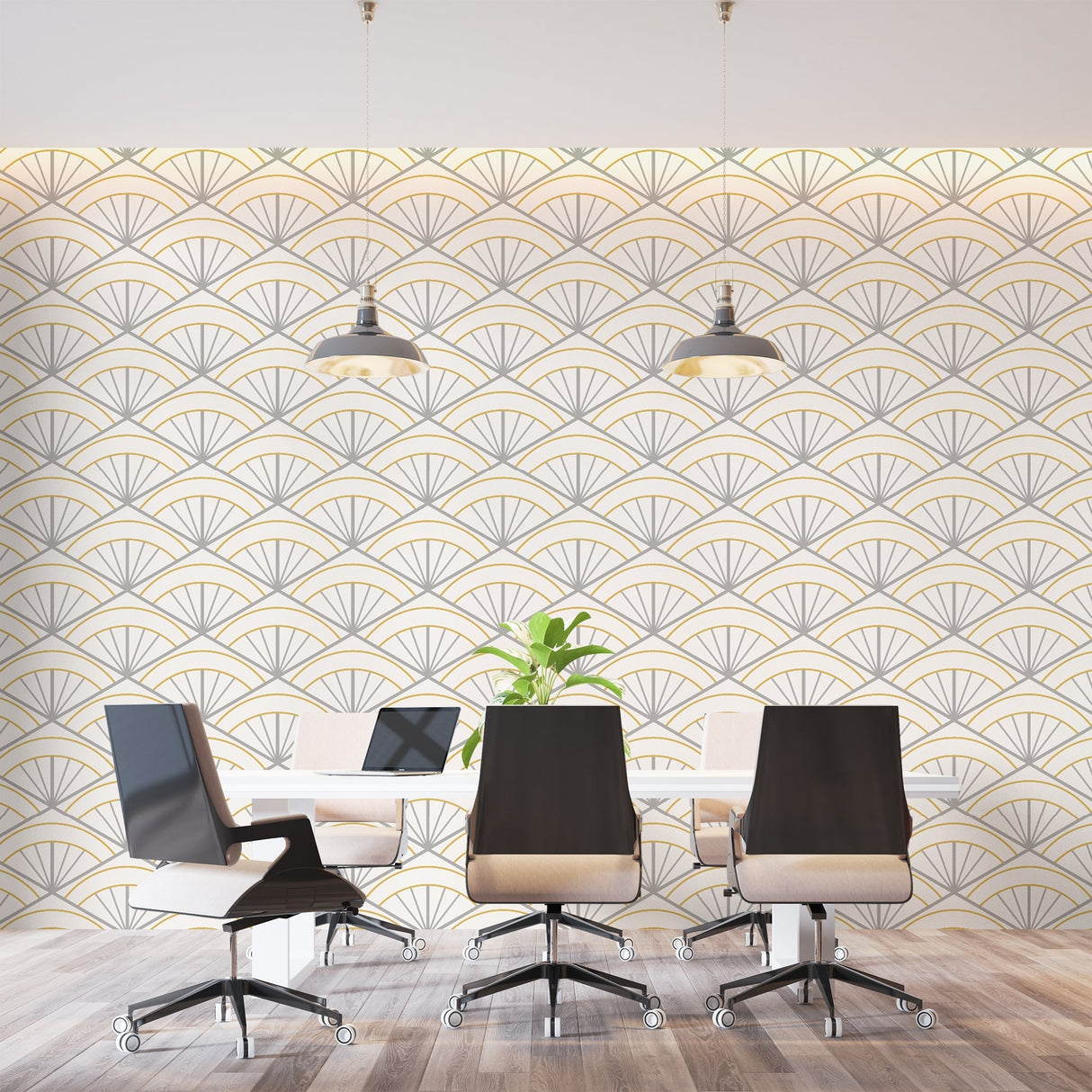 Art deco fan pattern wallpaper in a modern living room, golden geometric design casting soft shadows on grey walls