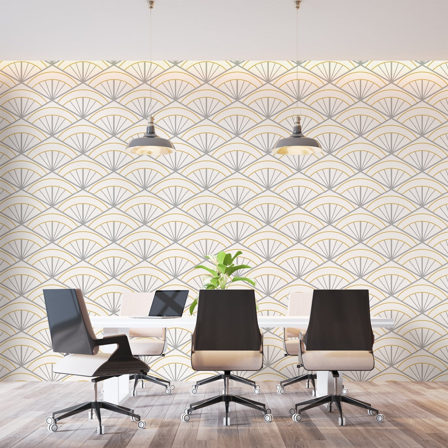 Art deco fan pattern wallpaper in a modern living room, golden geometric design casting soft shadows on grey walls