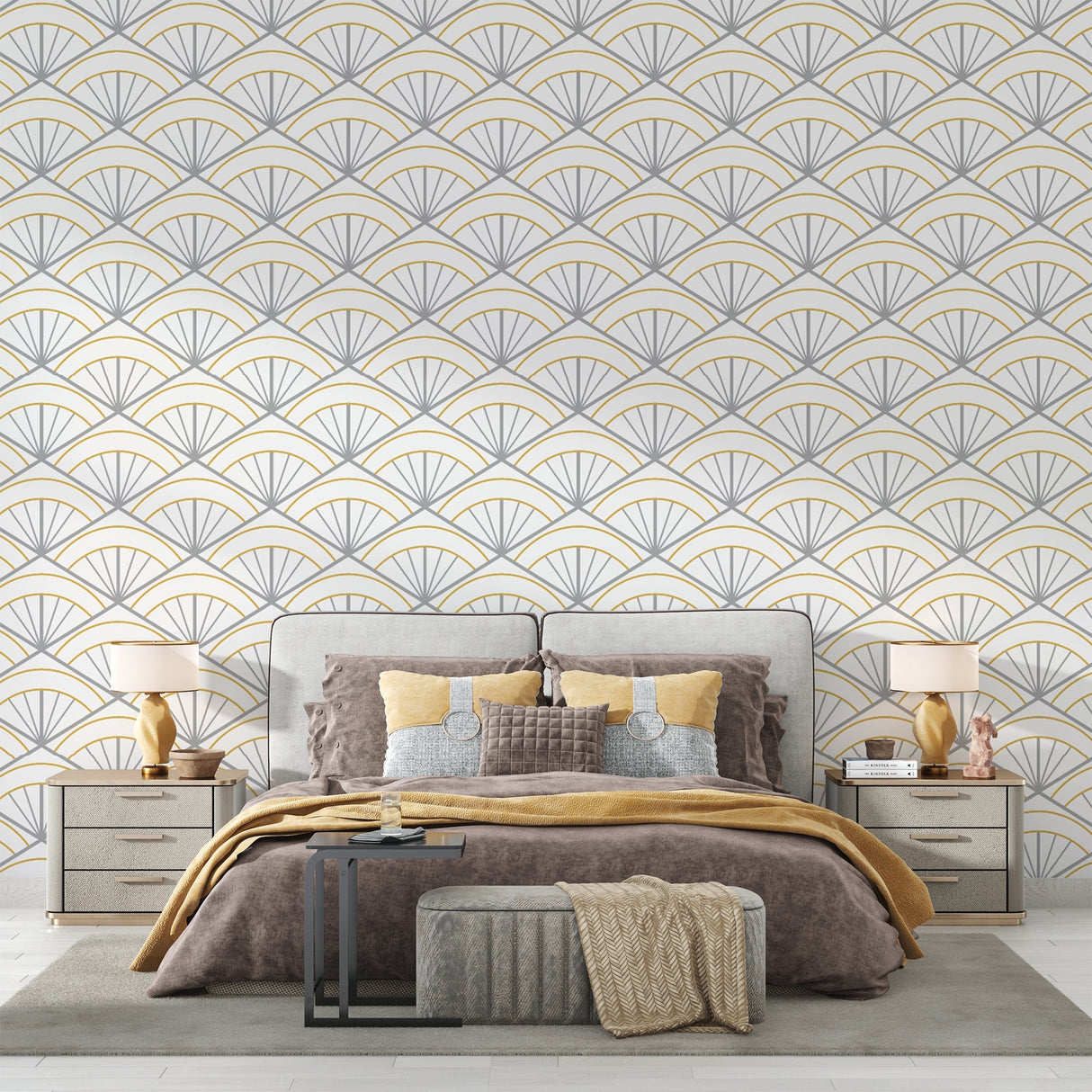 Luxury dining room featuring gold and grey art deco wallpaper, creating an elegant backdrop for entertaining