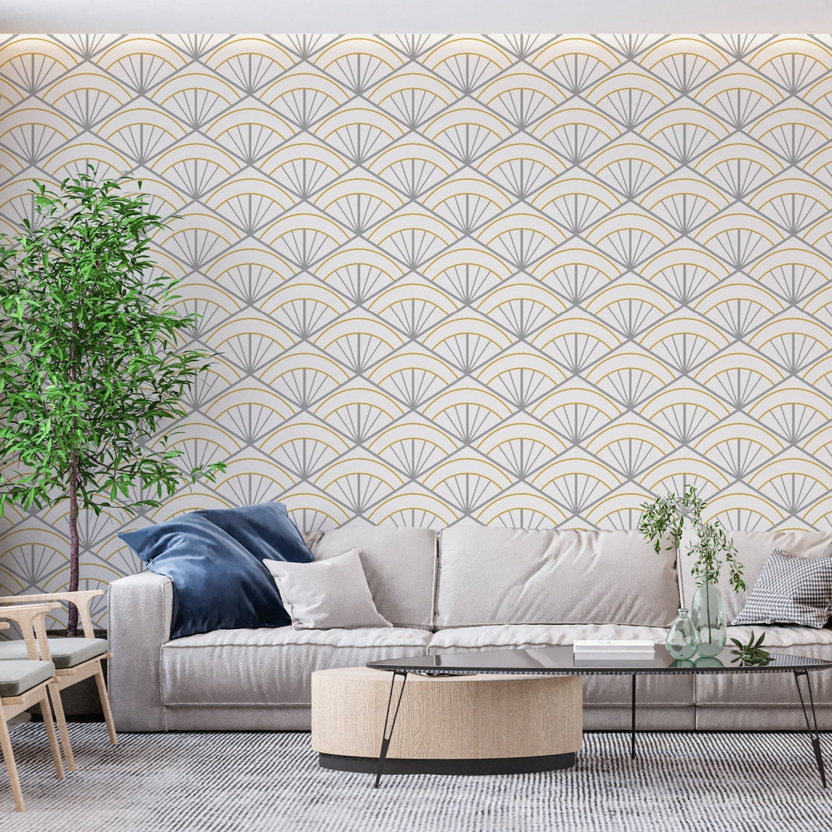 Master bedroom with geometric art deco wallpaper, metallic gold fans catching morning light