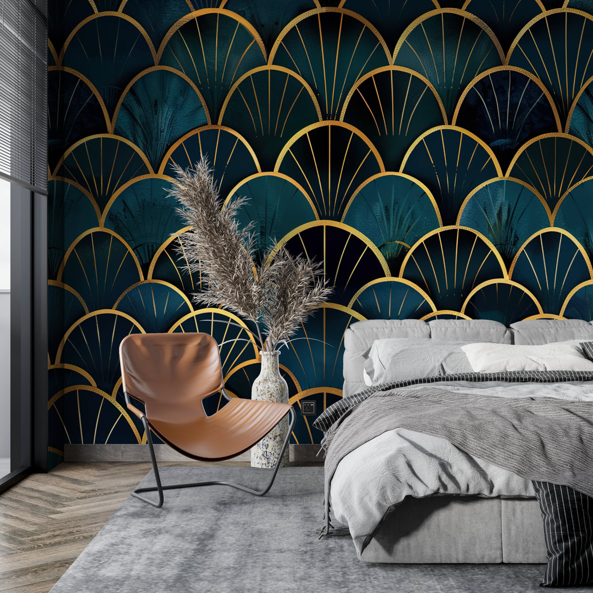 Art deco fan wallpaper creating drama in a modern living room with gold accents