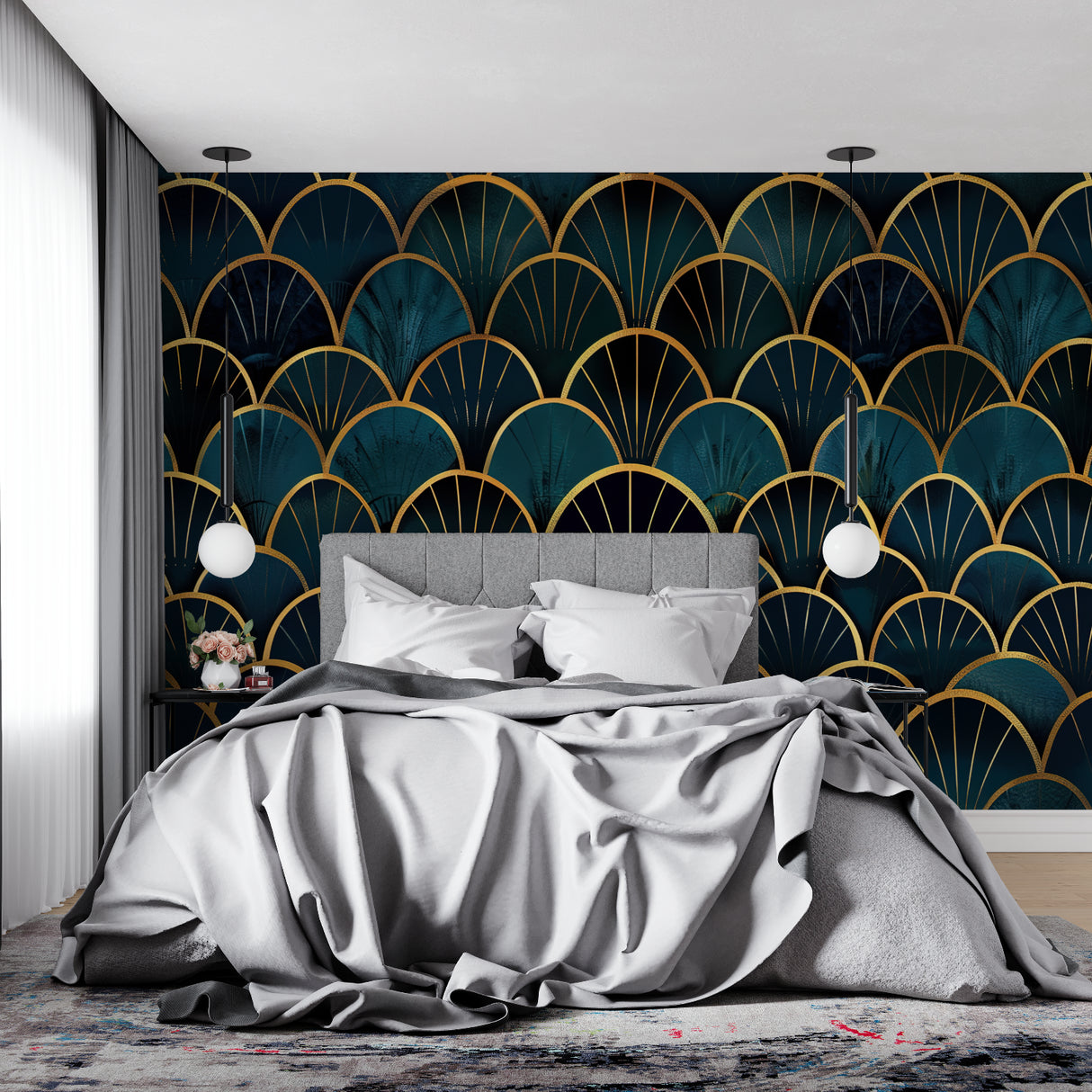 Teal and gold geometric wallpaper bringing luxury to a master bedroom