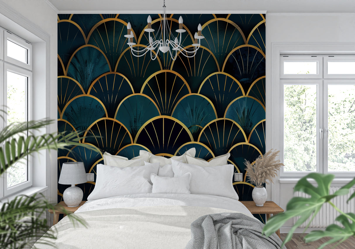 Geometric fan wallpaper transforming a home office with 1920s glamour