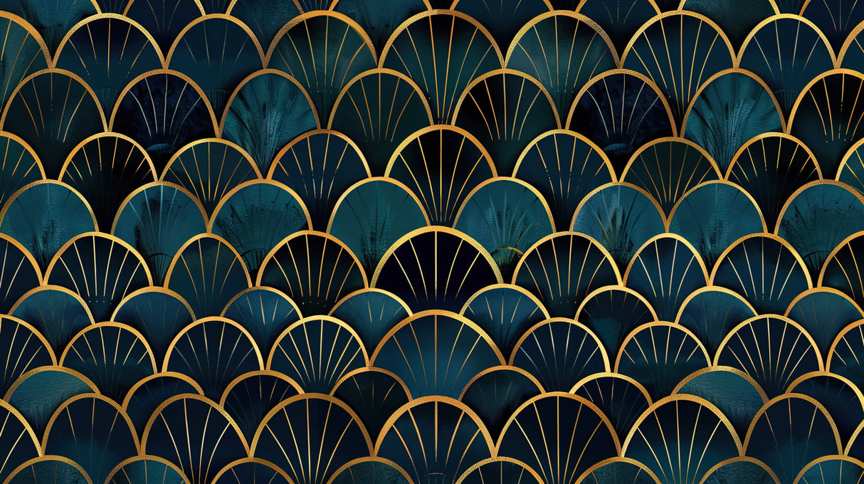 Art deco fan pattern design file showing teal background with metallic gold geometric details