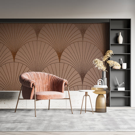 Art deco geometric fan pattern wallpaper in a modern living room with mid-century furniture and brass accents