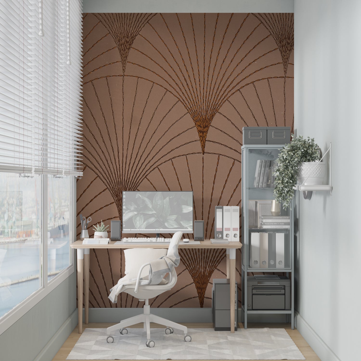 Terracotta art deco wallpaper creating an elegant backdrop in a dining room with crystal chandelier