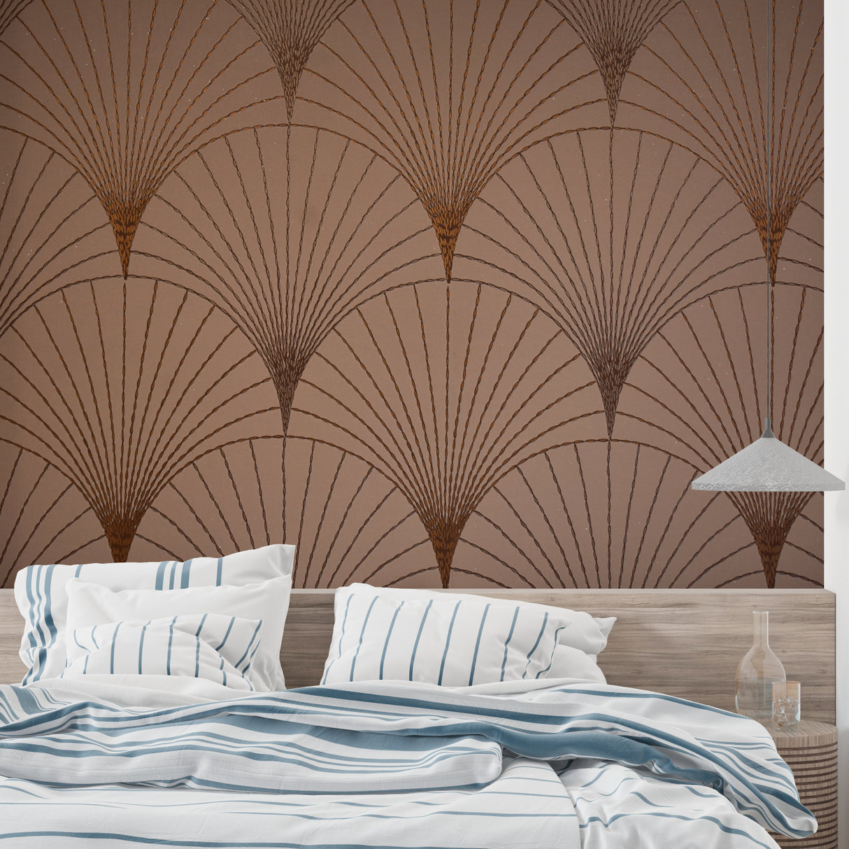 Terracotta geometric wallpaper making a statement in an entryway with vintage mirror