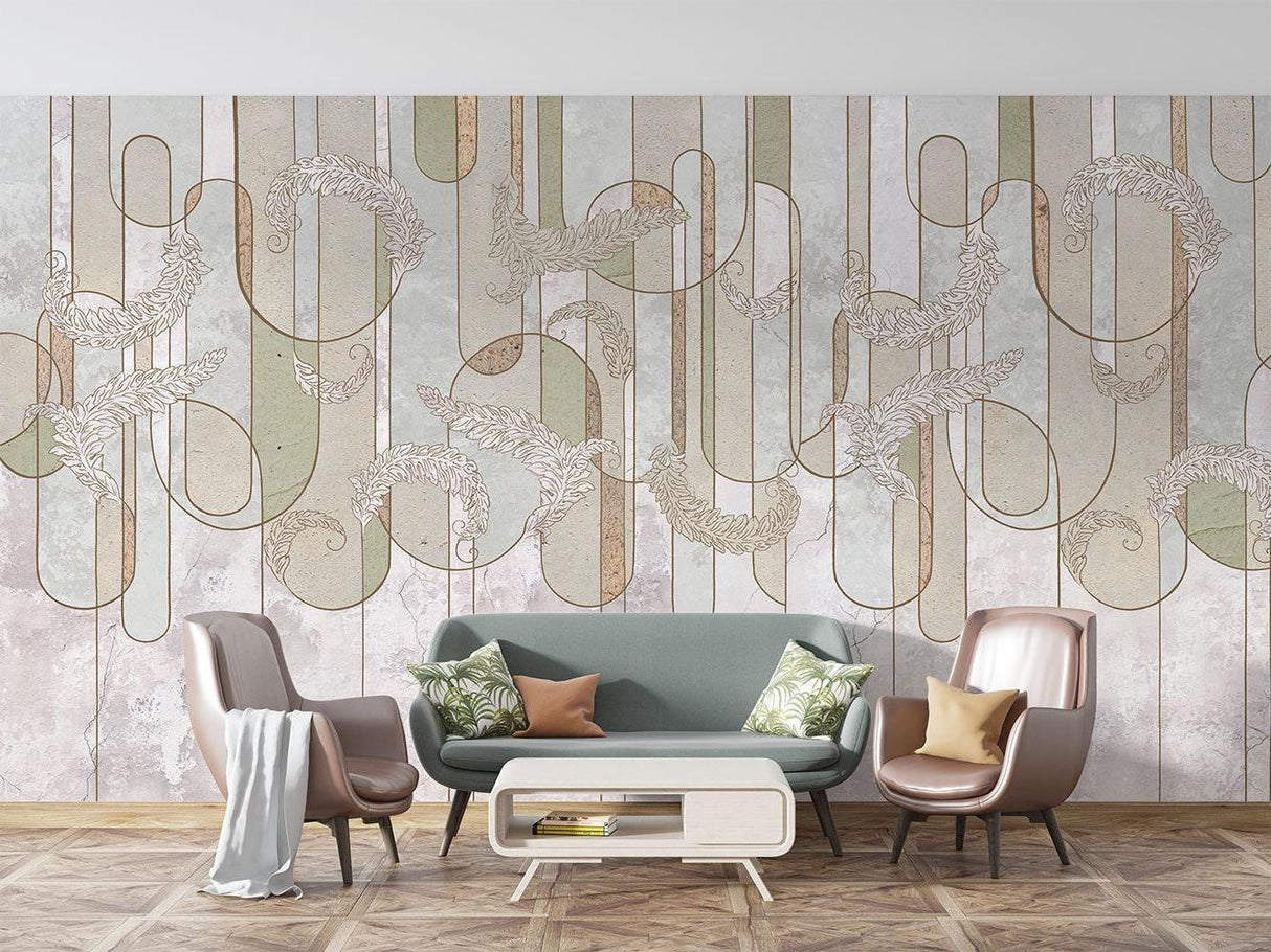 Art deco geometric wallpaper in sage green showcased in a bright modern living room setting