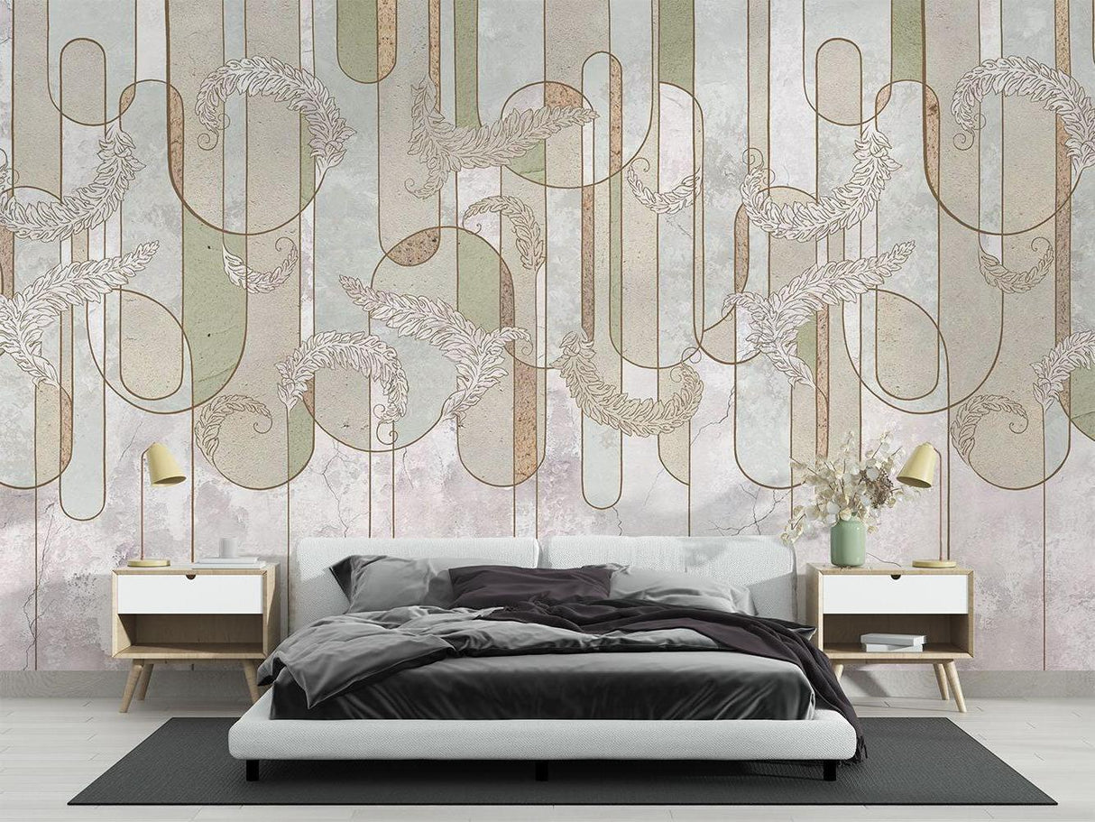 Feather pattern wallpaper adding elegance to a minimalist dining room space