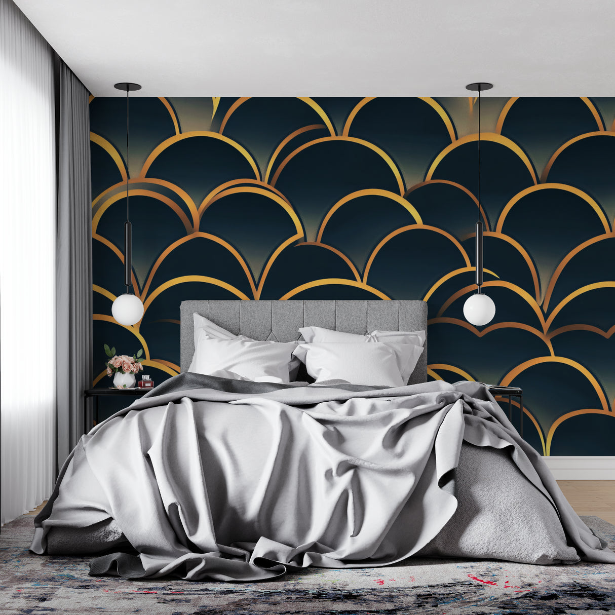 Art deco gold arch wallpaper in modern dining room with crystal chandelier