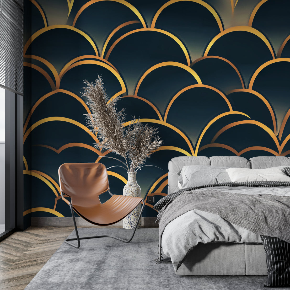 Navy and gold geometric wallpaper in master bedroom with luxury bedding