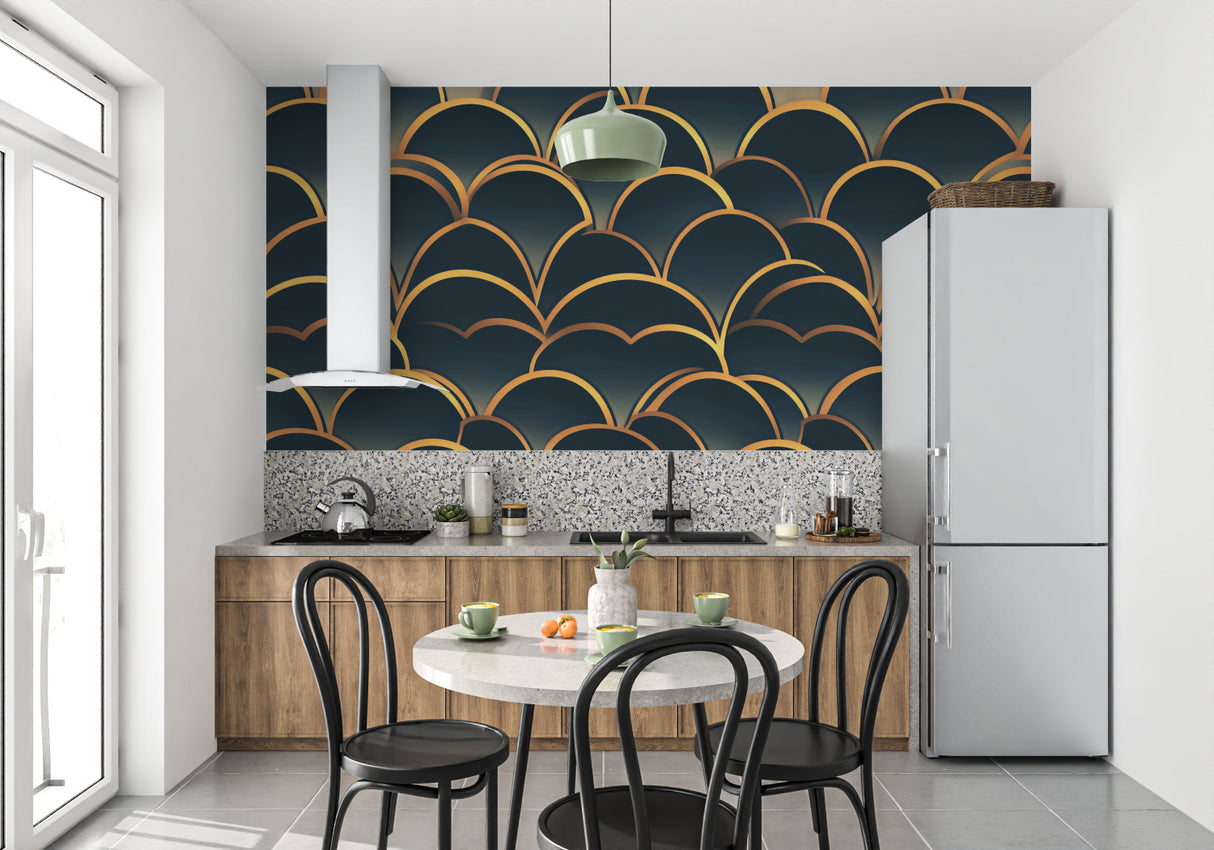 Art deco wall mural in hotel lobby with gold accents