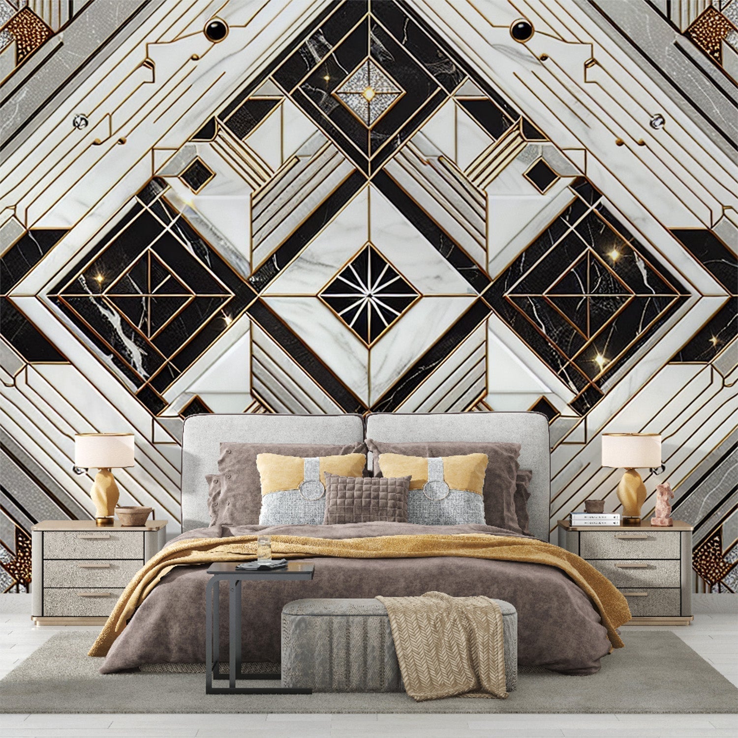 Art deco marble wallpaper with gold accents creating luxury atmosphere in modern living room with tall windows