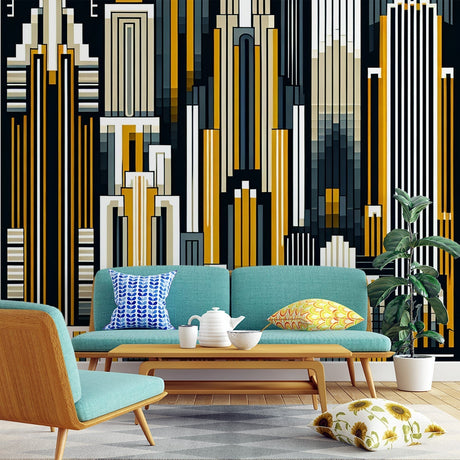 Art Deco geometric wallpaper in a modern living room, black and gold skyscraper pattern adding height to the space
