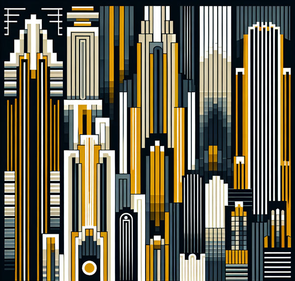 Art Deco geometric wallpaper design file showing detailed gold and black skyscraper pattern