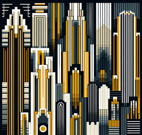 Art Deco geometric wallpaper design file showing detailed gold and black skyscraper pattern