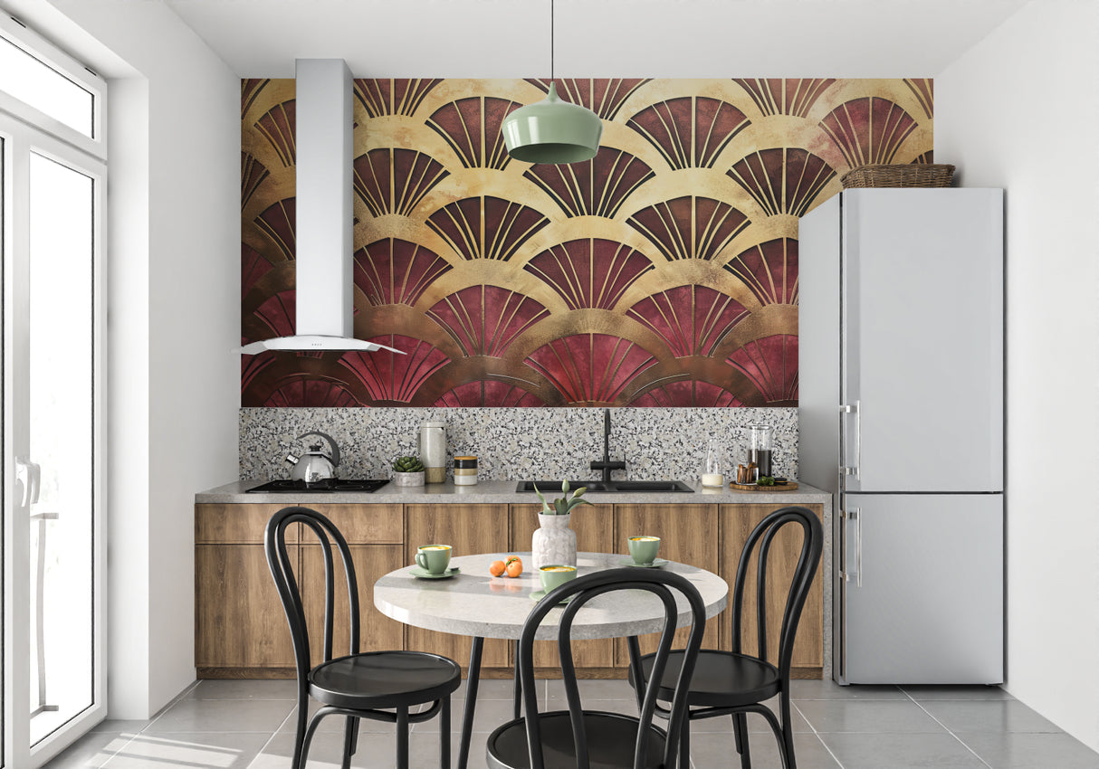 Luxury hotel lobby showcasing art deco wallpaper with geometric gold and burgundy design