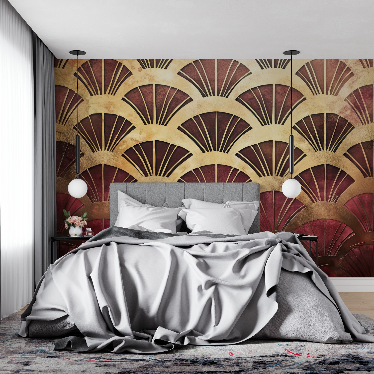 Master bedroom feature wall with art deco fan pattern in rich burgundy and metallic gold