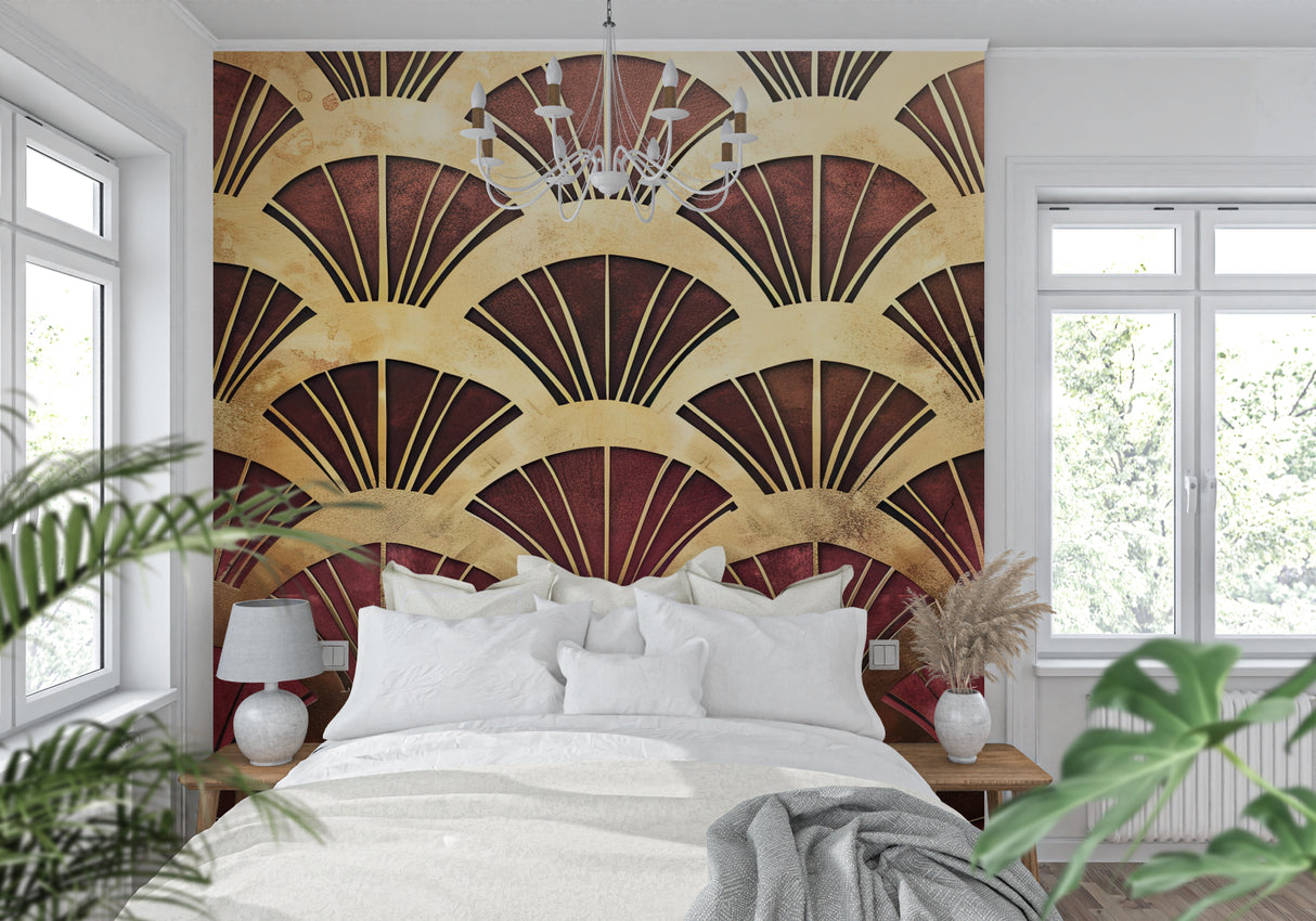 Restaurant bar area with glamorous art deco wallpaper in gold and burgundy tones