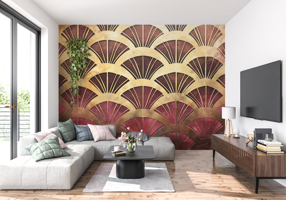 Home office with sophisticated art deco wall mural featuring fan pattern