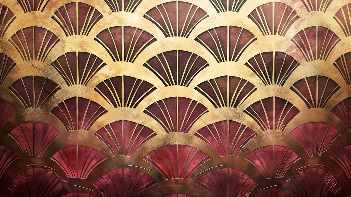 Art deco wallpaper design file showing detailed gold and burgundy fan pattern