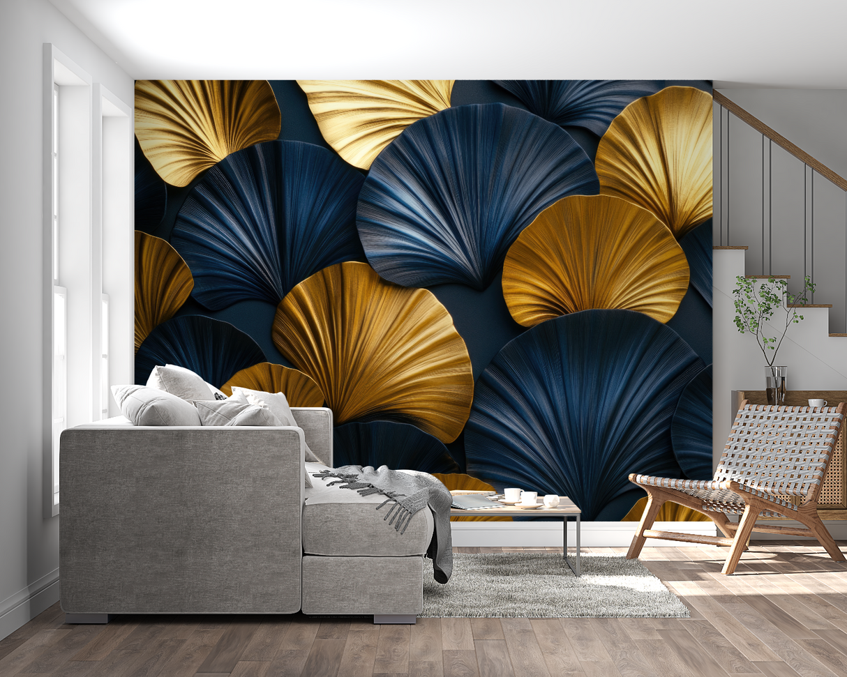 Navy and gold fan wallpaper creating drama in home office space