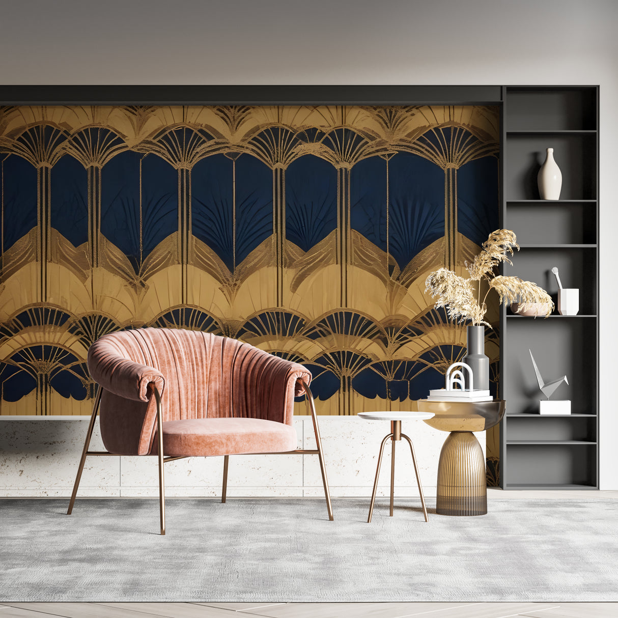 Art deco gold fan wallpaper in modern living room with grey sofa and brass accents