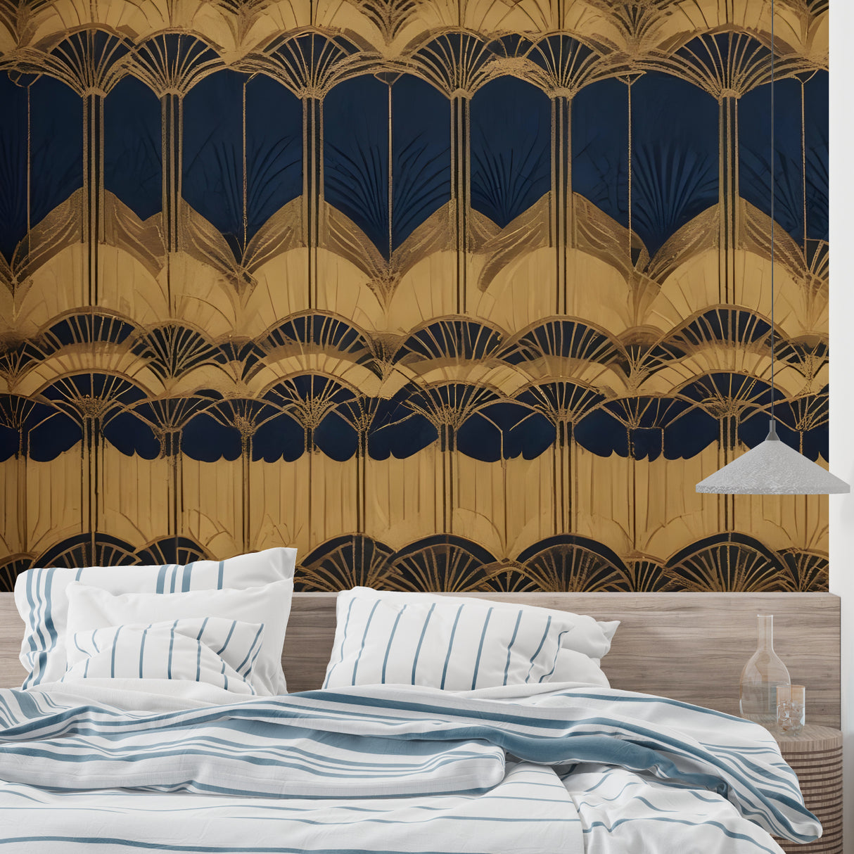 Navy and gold art deco wallpaper creating dramatic dining room backdrop