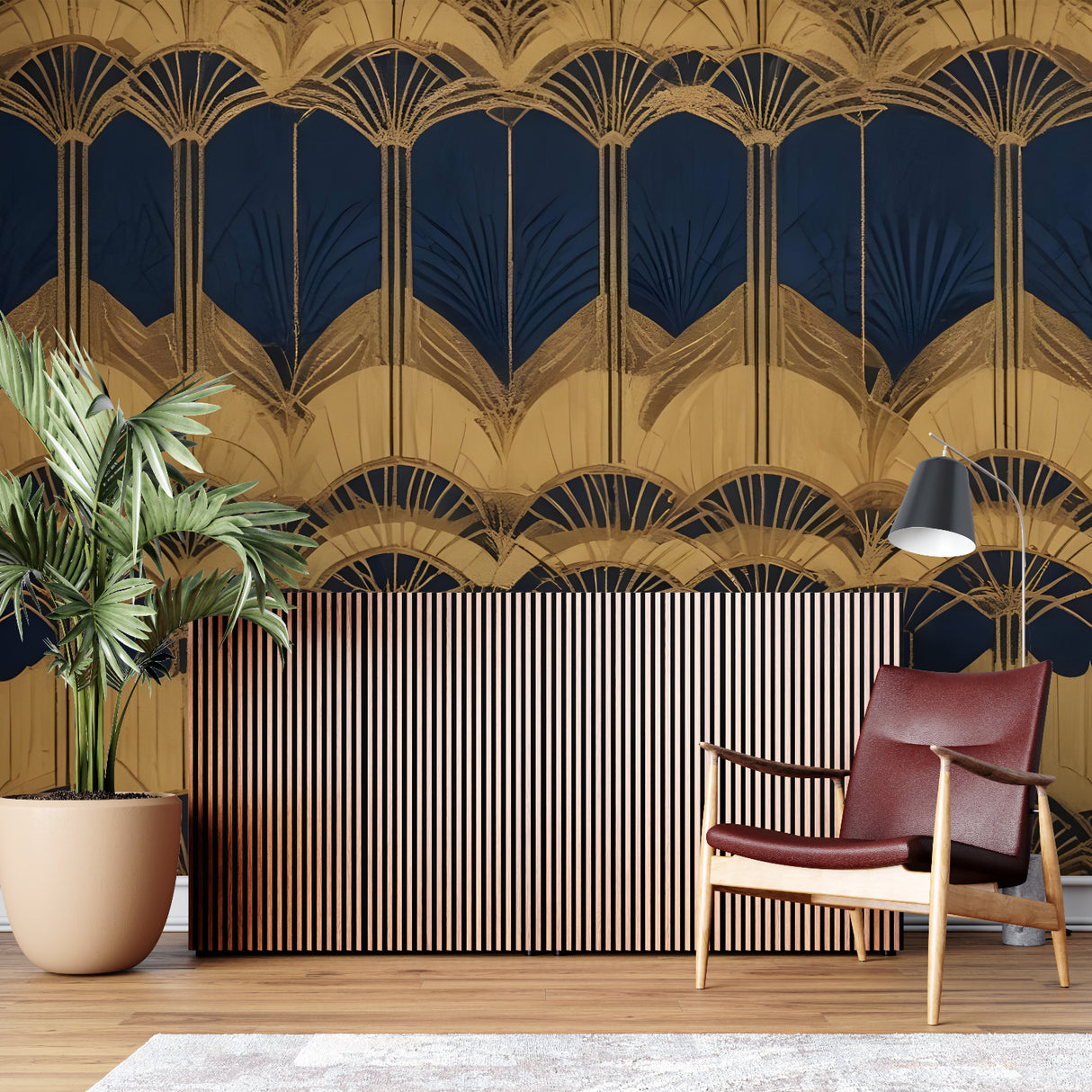 Art deco fan wallpaper making statement in home office with vintage furniture