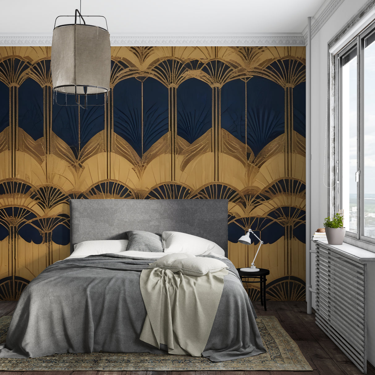 Navy and gold art deco mural in glamorous entryway with mirror