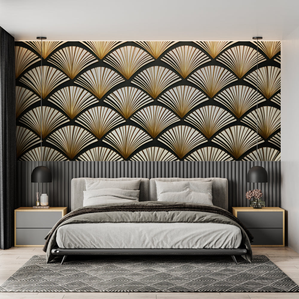 Art deco fan pattern wallpaper in modern living room creating dramatic black and gold accent wall