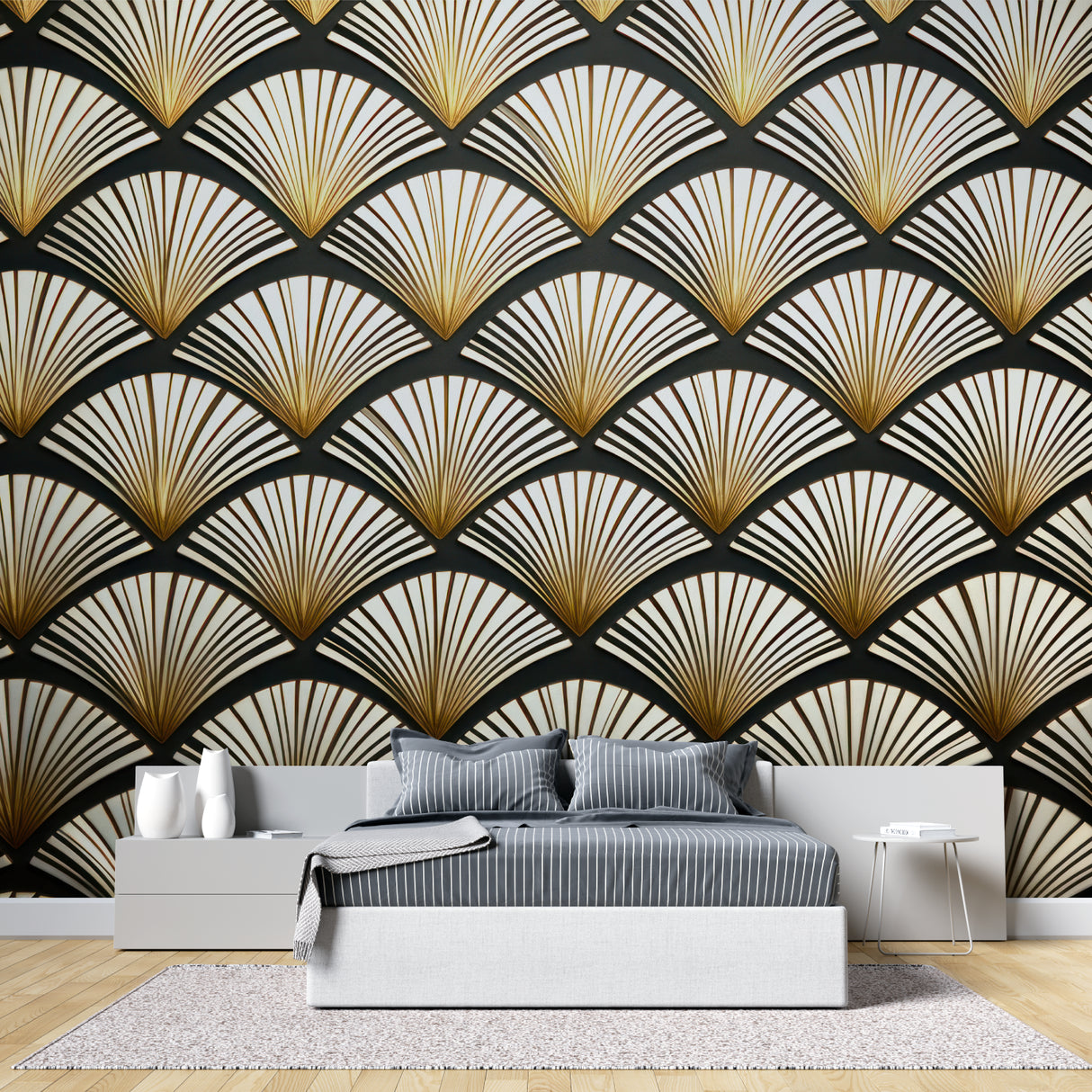 Luxury dining room featuring black and gold geometric art deco wallpaper with fan motifs