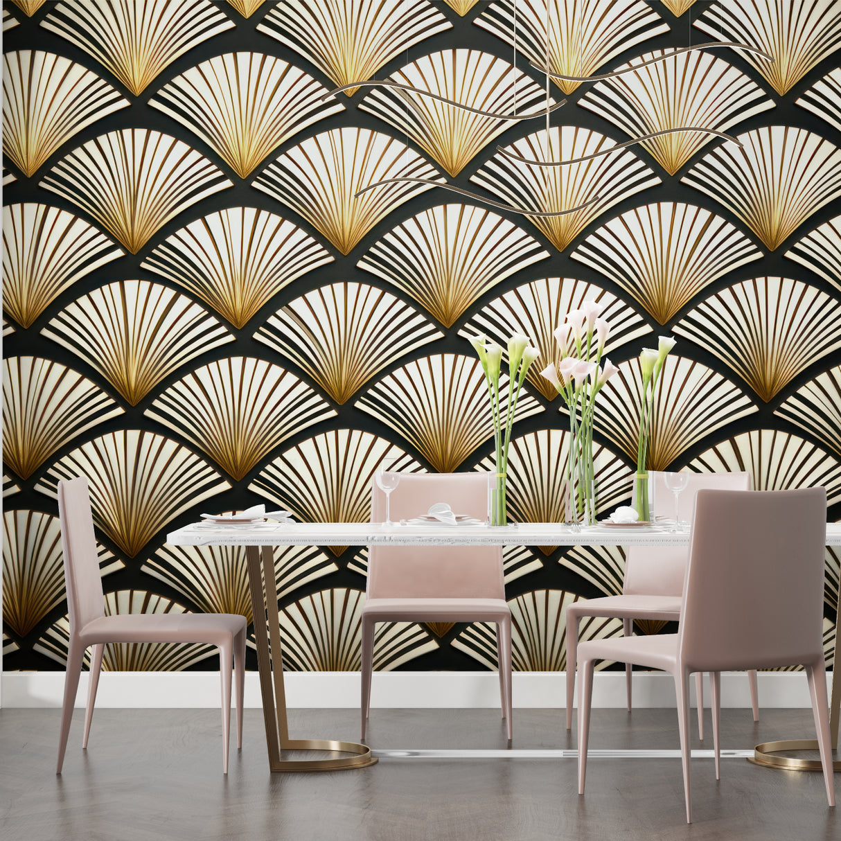 Master bedroom with art deco black and gold fan pattern wallpaper creating elegant atmosphere