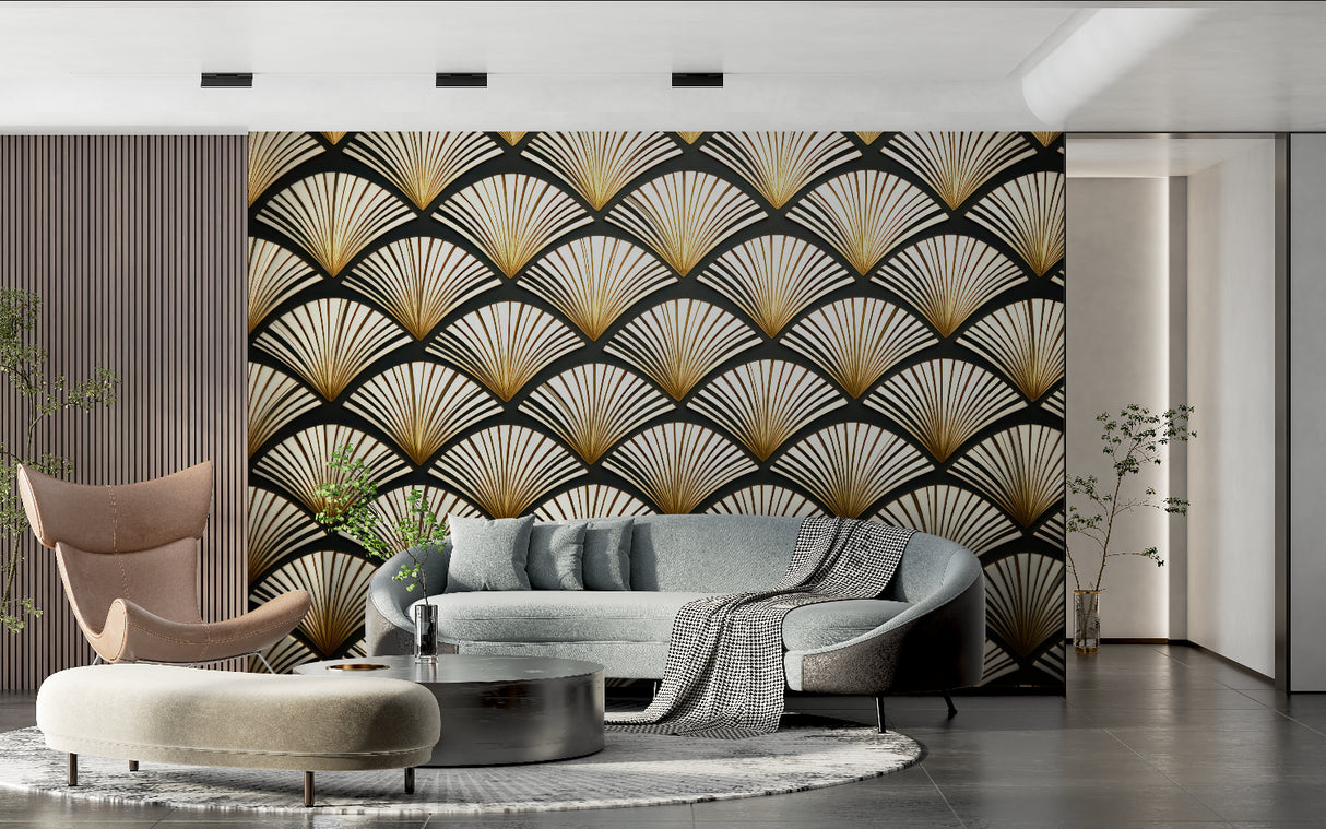 Hotel lobby showcasing dramatic art deco fan wallpaper in black and metallic gold finish