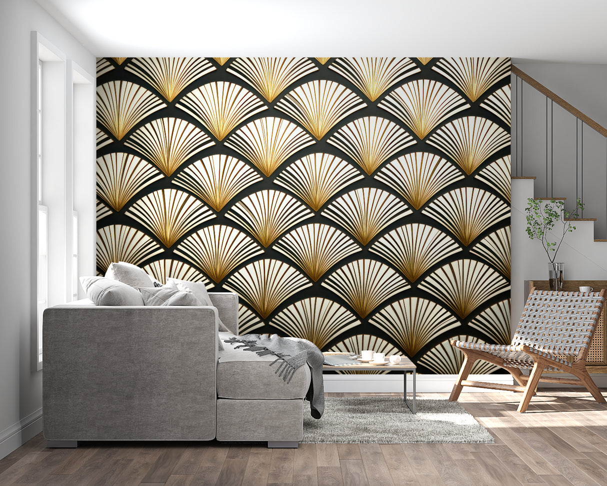 Restaurant bar area with geometric art deco wallpaper featuring gold fans on black background