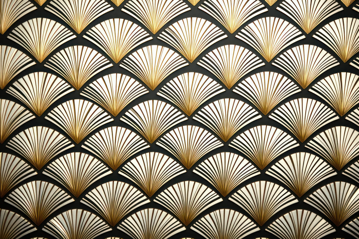 Art deco fan pattern design file showing detailed gold geometric motifs on black background