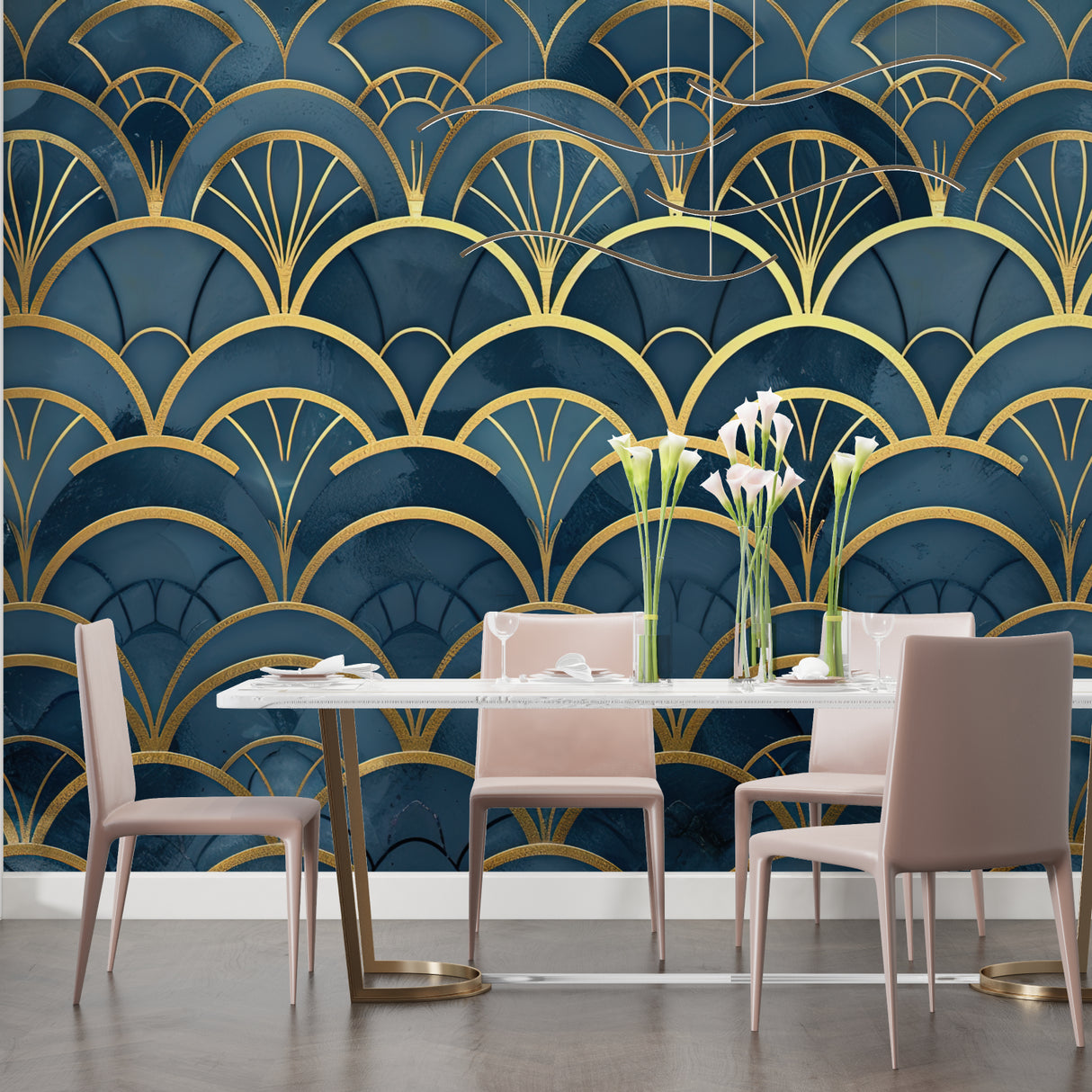 Art deco blue and gold fan wallpaper in modern living room with soft lighting and plush furniture