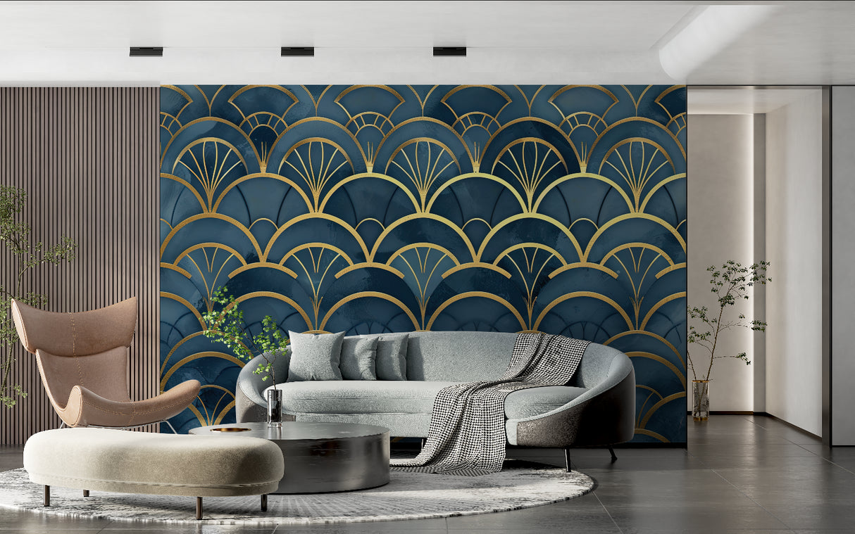 Luxury dining room featuring art deco geometric wallpaper with golden fan pattern