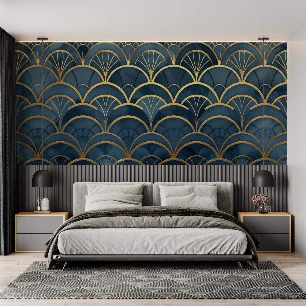 Hotel lobby showcasing art deco blue wallpaper with metallic gold geometric pattern