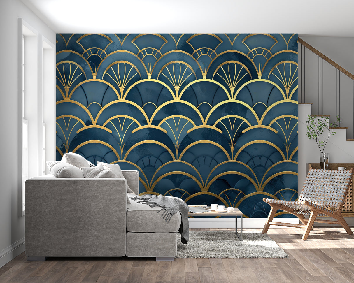 Home office with art deco feature wall showing blue and gold fan design