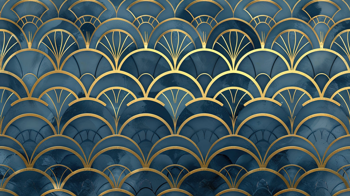 Art deco wallpaper design file showing detailed gold fan pattern on deep blue background